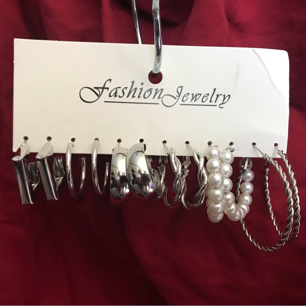 6 pair of silver hoop earrings